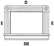 Window trim with rounded rosettes, fluted casing and sill